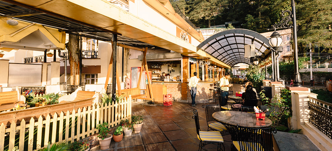 Bright sunny day in cafe at The Mall, Shimla
